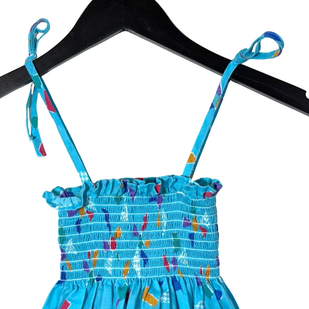 Vintage Carrots Sun Dress Girl's Summer Size 3 Blue Colorful 80s Ruched Print